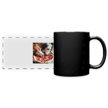 Deux chiens mangeant de la pizza salami - Mug panoramique uni - noir - Devant