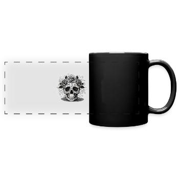 Schwarz-Weiß Schädel & Rosen Design - Panorama-Tasse farbig - Schwarz - Vorne