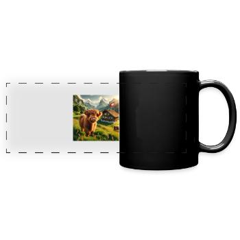 Highland cow in a picturesque Swiss landscape - Full Colour Panoramic Mug - black - Front