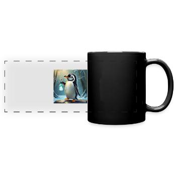 Pinguin mit einer Gin-Tonic-Flasche in der Hand - Panorama-Tasse farbig - Schwarz - Vorne