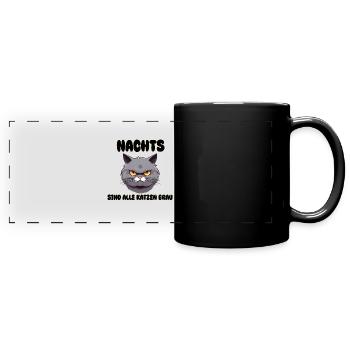 Katze - Nachts sind alle Katzen grau - Panorama-Tasse farbig - Schwarz - Vorne
