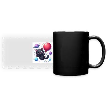 Space Kitty mit rotem Ballon im Weltall - Panorama-Tasse farbig - Schwarz - Vorne