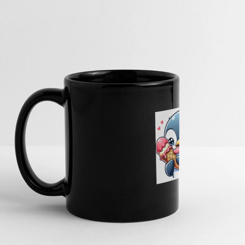 Süsser Pinguin am Softeis essen. Pinguin mit Eis Panorama-Tasse farbig