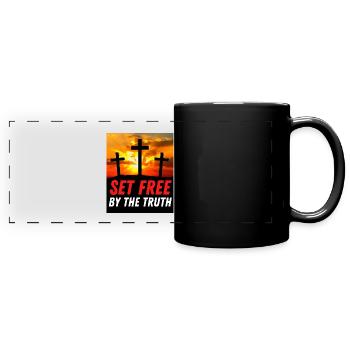 Befreit durch die Wahrheit - Christliches Zitat - Panorama-Tasse farbig - Schwarz - Vorne