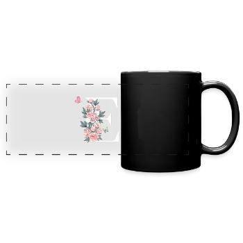 Buchstabe e rosa Blumen - Panorama-Tasse farbig - Schwarz - Vorne