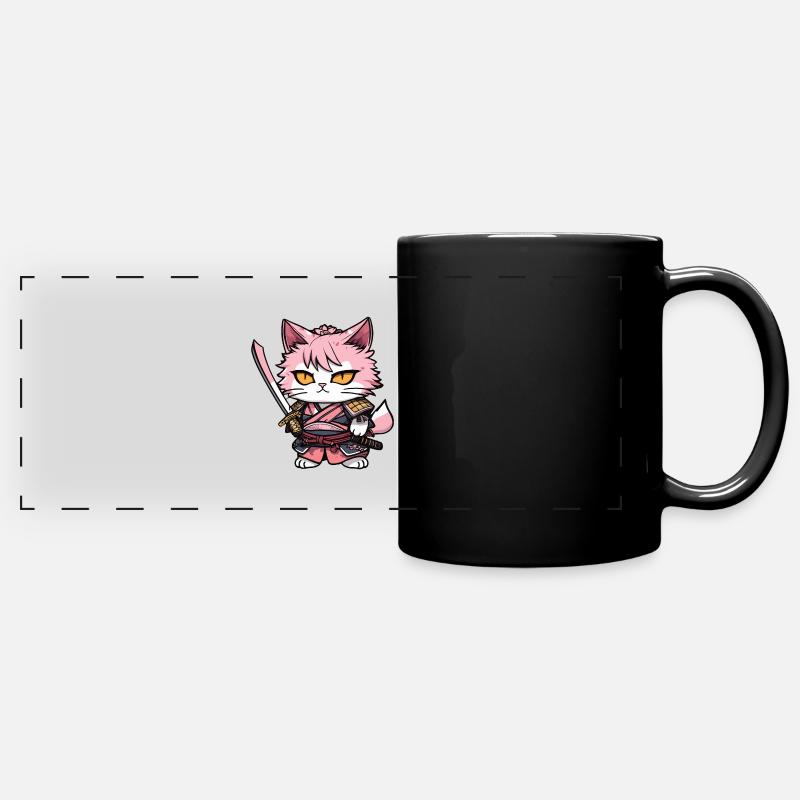 Samurai Cat & Cherry Blossoms #13 - Full Colour Panoramic Mug - black