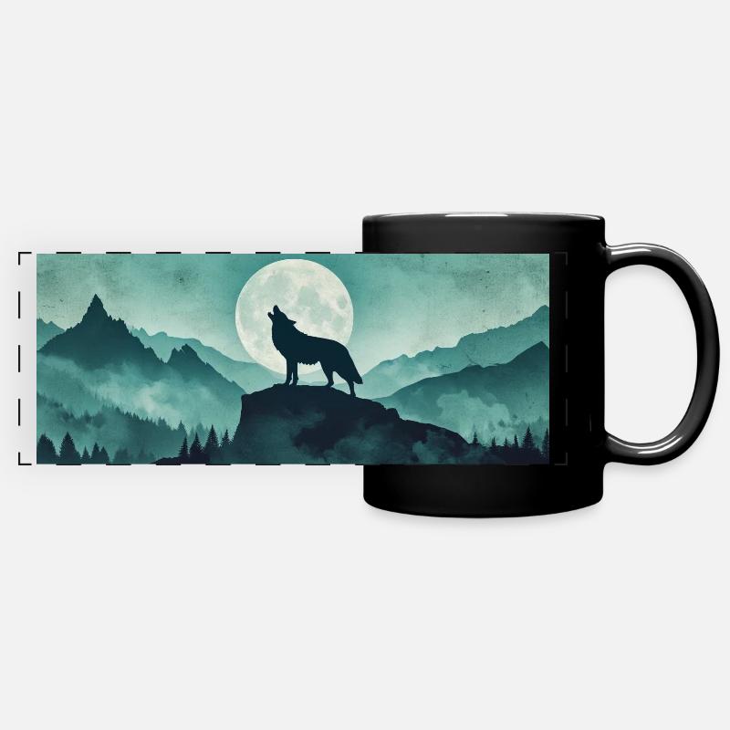 Wolf Howling At The Moon - Full Colour Panoramic Mug - black