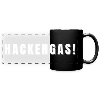 Hackengas! Jetzt aber flott! - Panorama-Tasse farbig - Schwarz - Vorne