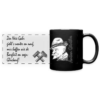 Erzgebirge, Mundart Spruch Anton Günther - Panorama-Tasse farbig - Schwarz - Vorne