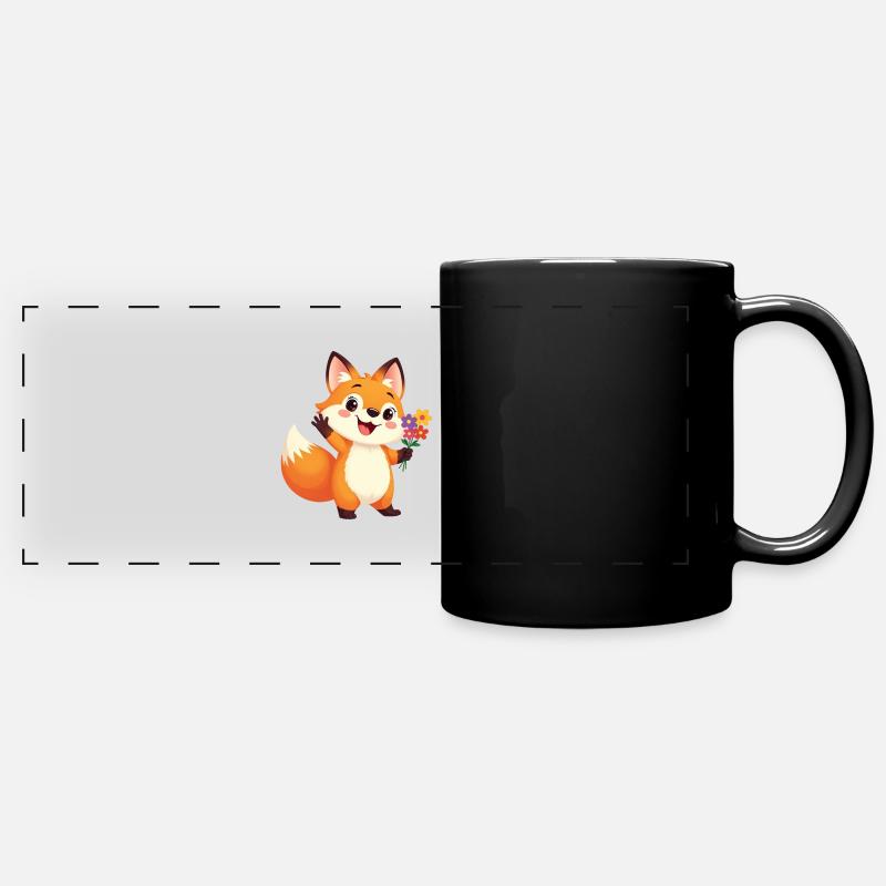 Renard de dessin animé joyeux avec bouquet de fleurs - Mug panoramique uni - noir