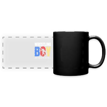 Ringender Junge - Panorama-Tasse farbig - Schwarz - Vorne