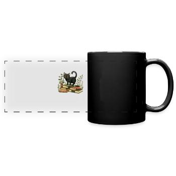 Schwarze Katze Mit Büchern Und Pflanzen - Panorama-Tasse farbig - Schwarz - Vorne