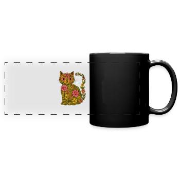 Retro 70s Floral Kitty Cat Garden Boho Art - Full Colour Panoramic Mug - black - Front