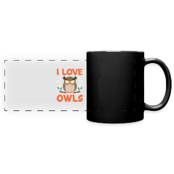 Eule - Panorama-Tasse farbig - Schwarz - Vorne