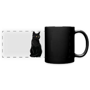 Schwarze Katze sitzt Gelbe Augen Elegantes Porträt - Panorama-Tasse farbig - Schwarz - Vorne