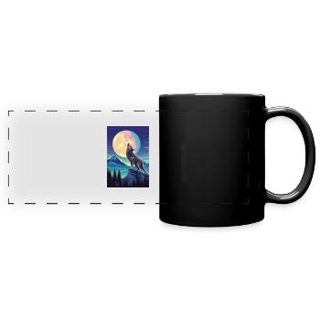 Forêt avec pleine lune et loup hurlant - Mug panoramique uni - noir - Devant