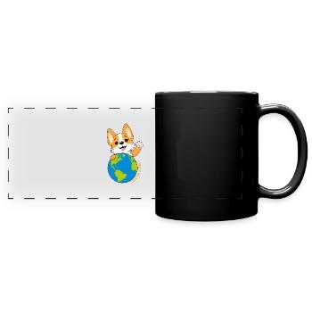 Corgi mit Weltkugel - Panorama-Tasse farbig - Schwarz - Vorne