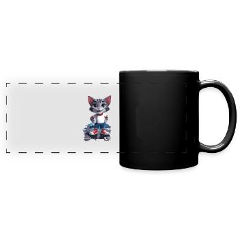 Playful cat in children's style - Full Colour Panoramic Mug - black - Front