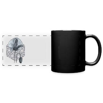 schwarzweiße Mohnblume mit Sechseck im Hintergrund - Panorama-Tasse farbig - Schwarz - Vorne