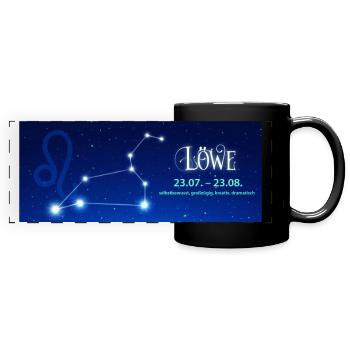 Löwe Sternzeichen Tasse – Leuchtendes Sternbild - Panorama-Tasse farbig - Schwarz - Vorne