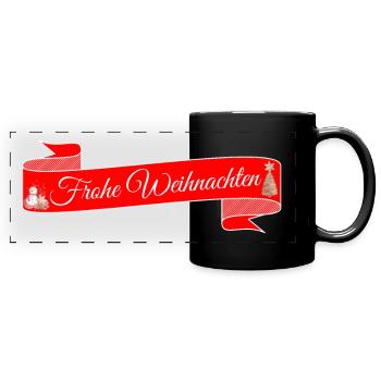Frohe Weihnachten weißer Text auf rotem Band - Panorama-Tasse farbig - Schwarz - Vorne