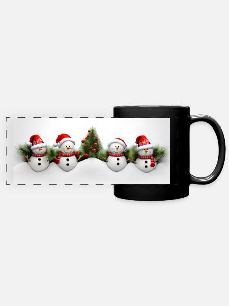 Schneemann mit Weihnachtsbaum - Panorama-Tasse farbig - Schwarz