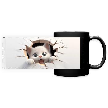 Little 3D Cat in a Hole - Full Colour Panoramic Mug - black - Front