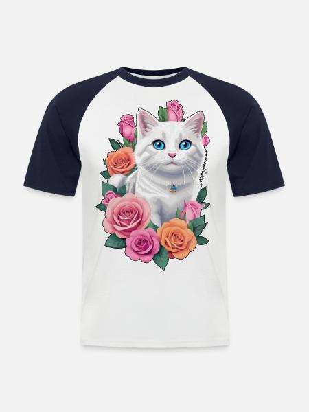Cat with roses - Men's Baseball T-Shirt - white/navy