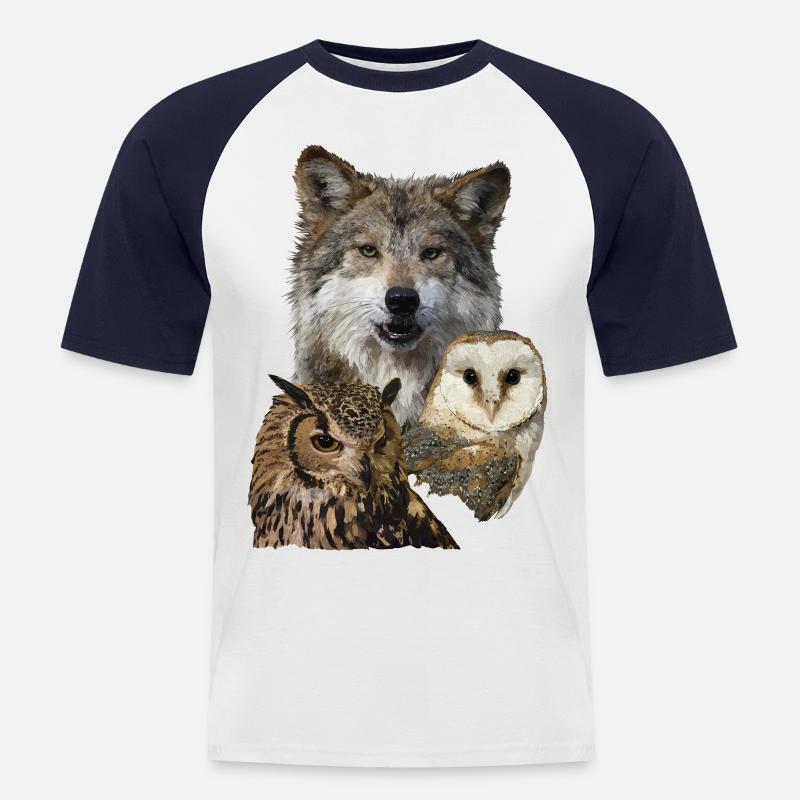 Wolf und Eulen - Männer Baseball-T-Shirt - Weiß/Navy