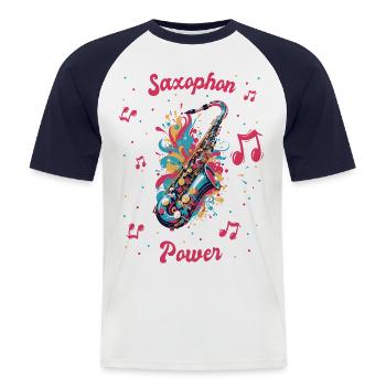 Saxophon Power Musik Saxofon (deutsch) - Männer Baseball-T-Shirt - Weiß/Navy - Vorne - Nik (191cm)