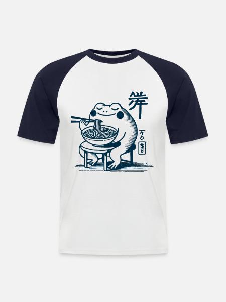 Kawaii Frog with Ramen Noodles Ukiyo-e Japanese - Men's Baseball T-Shirt - white/navy
