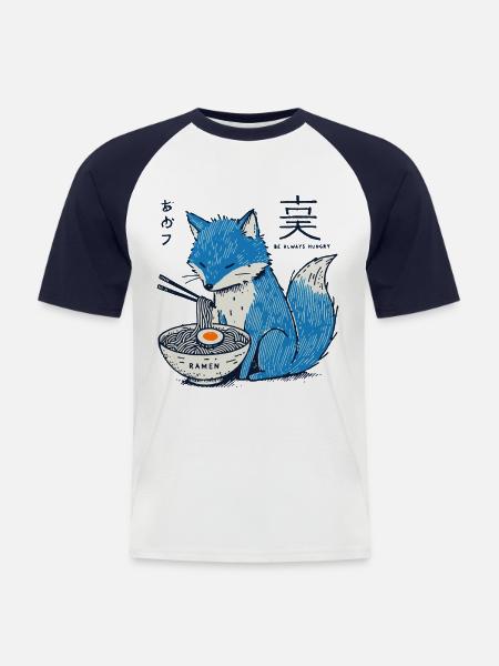 Kitsune Ramen Fox Kawaii Japan Streetwear - Kortärmad basebolltröja herr - vit/marinblå