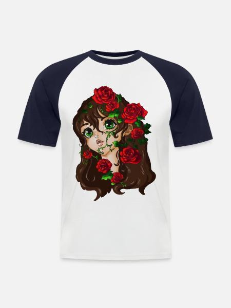 Sleeping Beauty with red roses - Men's Baseball T-Shirt - white/navy