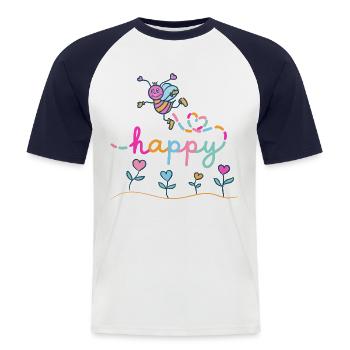 Be happy - Happy bee with heart flowers - Men's Baseball T-Shirt - white/navy - Front - Nik (191cm)