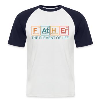 Fader – Livets element - Kortærmet herre-baseballshirt - hvid/marineblå - Foran - Nik (191cm)