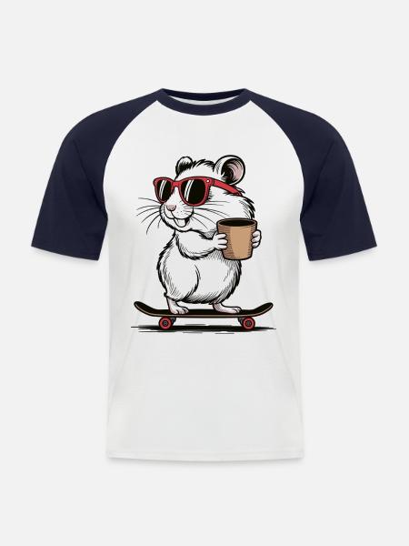Cool skateboard hamster with coffee - Men's Baseball T-Shirt - white/navy