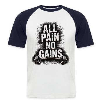 Chemise de fitness – motif All Pain No Gains - T-shirt baseball manches courtes Homme - blanc/marine - Devant - Nik (191cm)