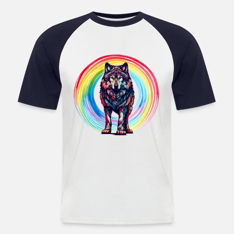 Wolf Wölfe Regenbogen - Männer Baseball-T-Shirt - Weiß/Navy