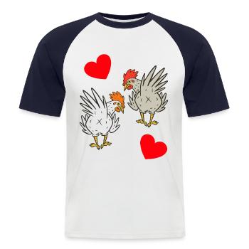 Poulet, poulets, volaille - T-shirt baseball manches courtes Homme - blanc/marine - Devant - Nik (191cm)