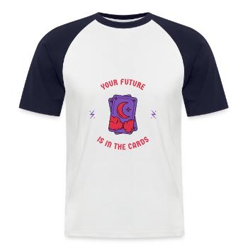Votre avenir est dans les cartes | Motif de carte de tarot - T-shirt baseball manches courtes Homme - blanc/marine - Devant - Nik (191cm)
