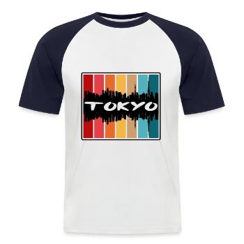 Tokyo Japan Skyline Silhouette Voyage Souvenir - T-shirt baseball manches courtes Homme - blanc/marine - Devant - Nik (191cm)