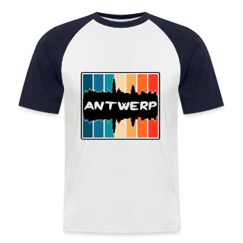 Anvers Belgique Skyline Silhouette Voyage Souvenir - T-shirt baseball manches courtes Homme - blanc/marine - Devant - Nik (191cm)
