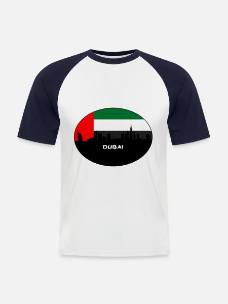 Dubai-Uae-Flaggen-Skyline-Schattenbild-Reise - Männer Baseball-T-Shirt - Weiß/Navy