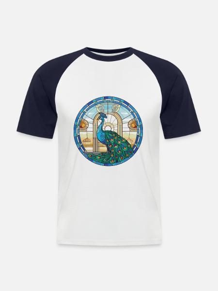 Pfauenbunte Aquarell-Tierillustration - Männer Baseball-T-Shirt - Weiß/Navy