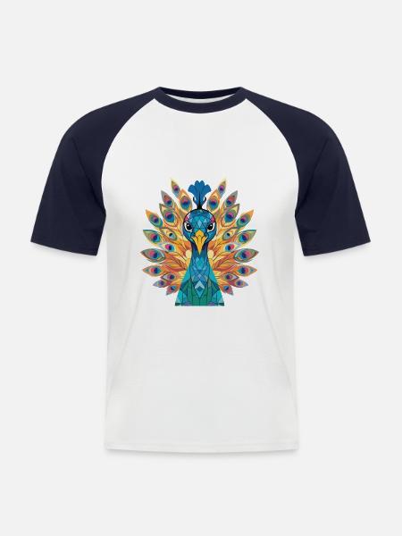 Pfauenbunte Aquarell-Tierillustration - Männer Baseball-T-Shirt - Weiß/Navy