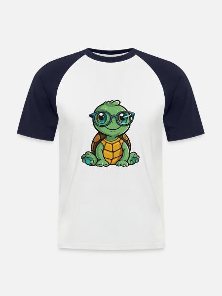 Turtle Wearing Glasses Cartoon Kawaii Illustration - Men's Baseball T-Shirt - white/navy