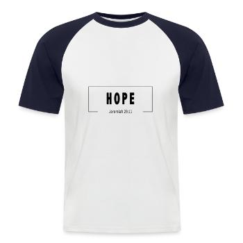 Espoir | Vêtements chrétiens - T-shirt baseball manches courtes Homme - blanc/marine - Devant - Nik (191cm)