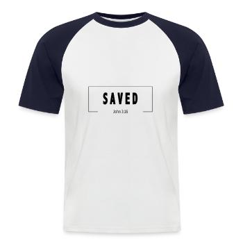 Vêtements sauvés et chrétiens | Le salut - T-shirt baseball manches courtes Homme - blanc/marine - Devant - Nik (191cm)