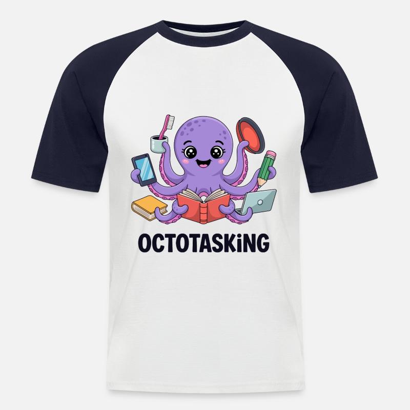 Octotasking Krake im Multitasking Modus - Männer Baseball-T-Shirt - Weiß/Navy