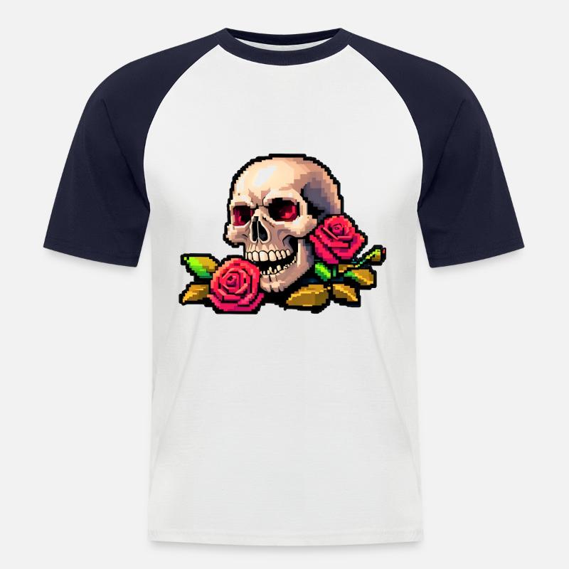 8Bit Skull - Red eyes - Männer Baseball-T-Shirt - Weiß/Navy